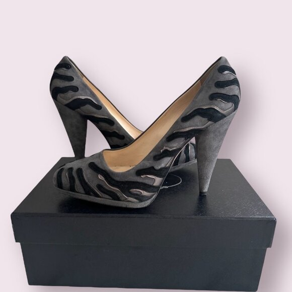 PRADA Gray Black Suede Animal Print Heels Size 40.5 - Picture 1 of 12